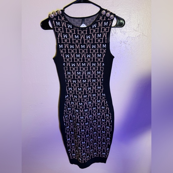 Guess by Marciano Black and Cream Logo Midi Bodycon Dress - Picture 2 of 5